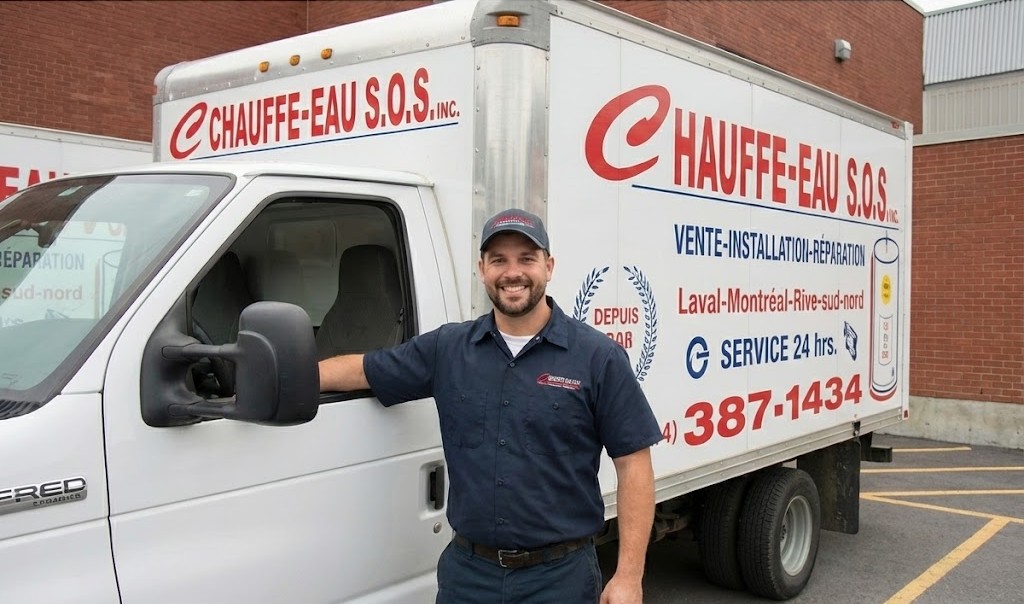 Technicien Chauffe-eau SOS devant le camion de service